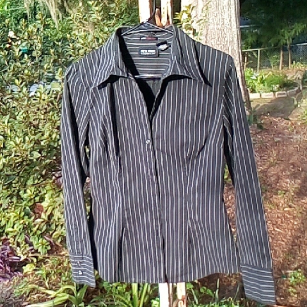 New York & Company Black Striped Blouse